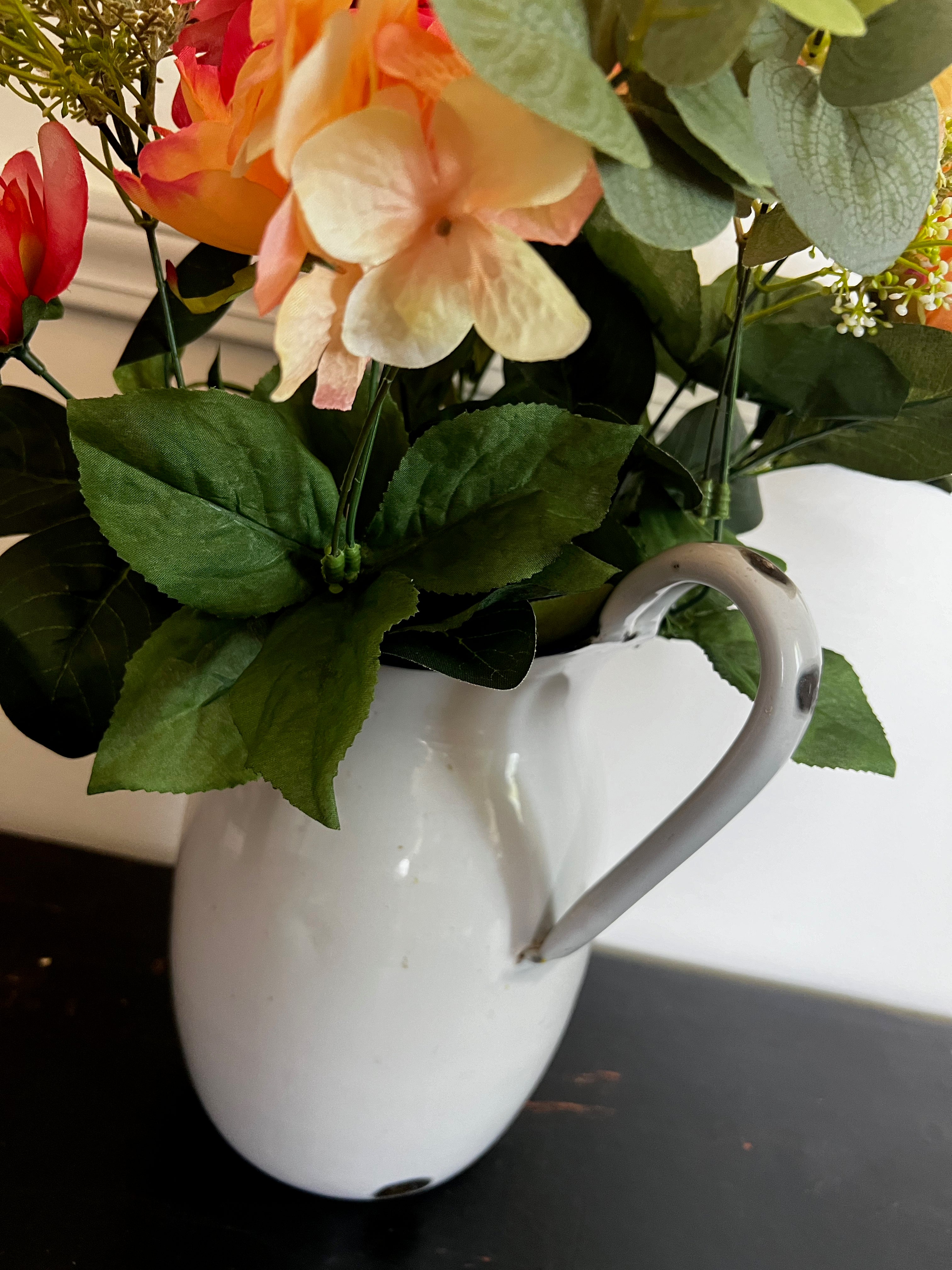 Vintage White Enamel Pitcher with Blue Trim