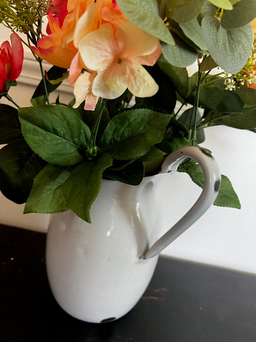 Vintage White Enamel Pitcher with Blue Trim