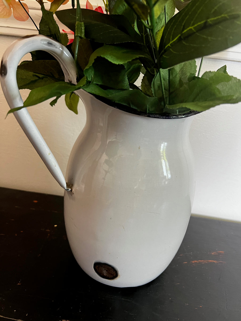 Vintage White Enamel Pitcher with Blue Trim
