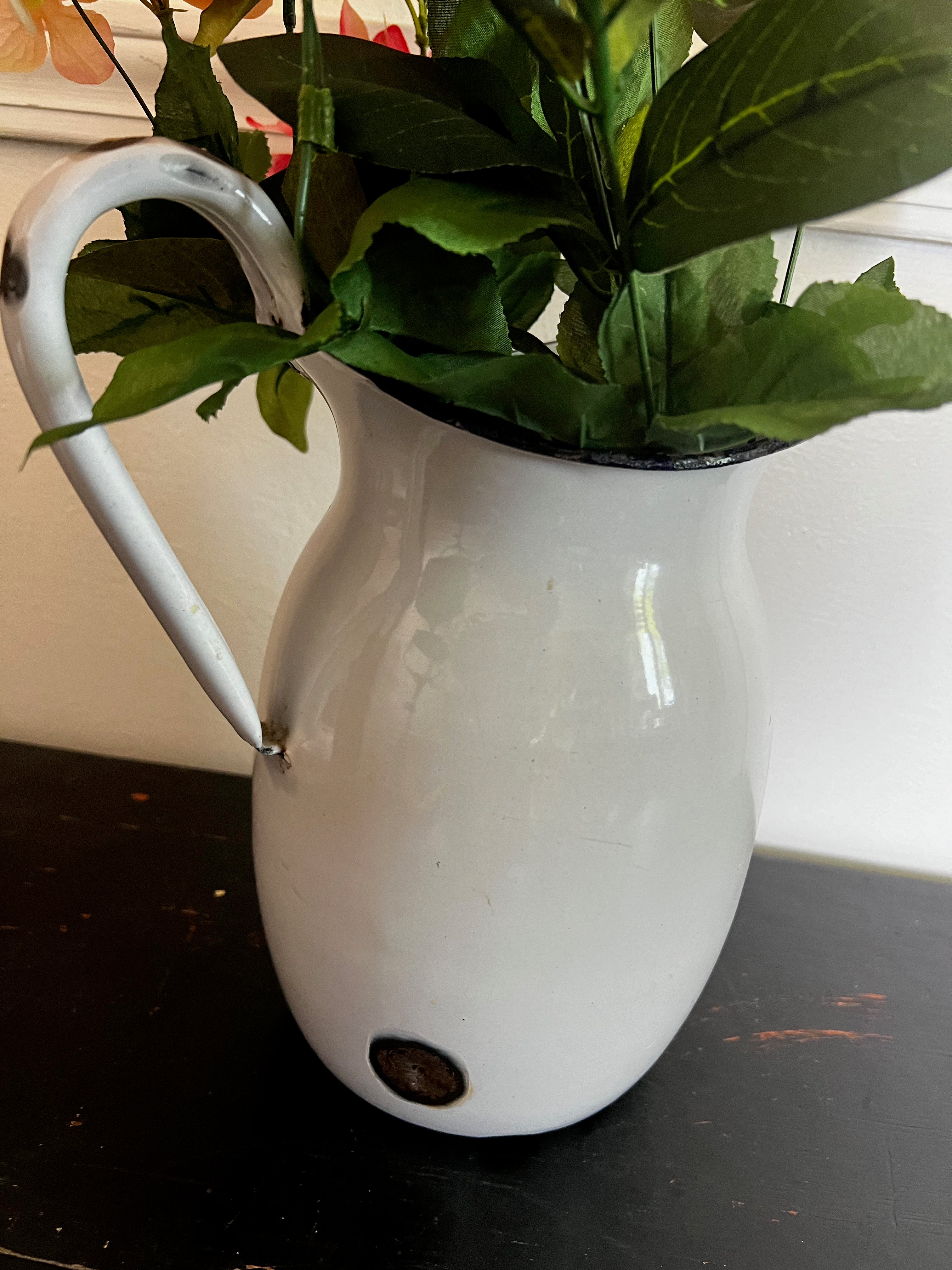 Vintage White Enamel Pitcher with Blue Trim