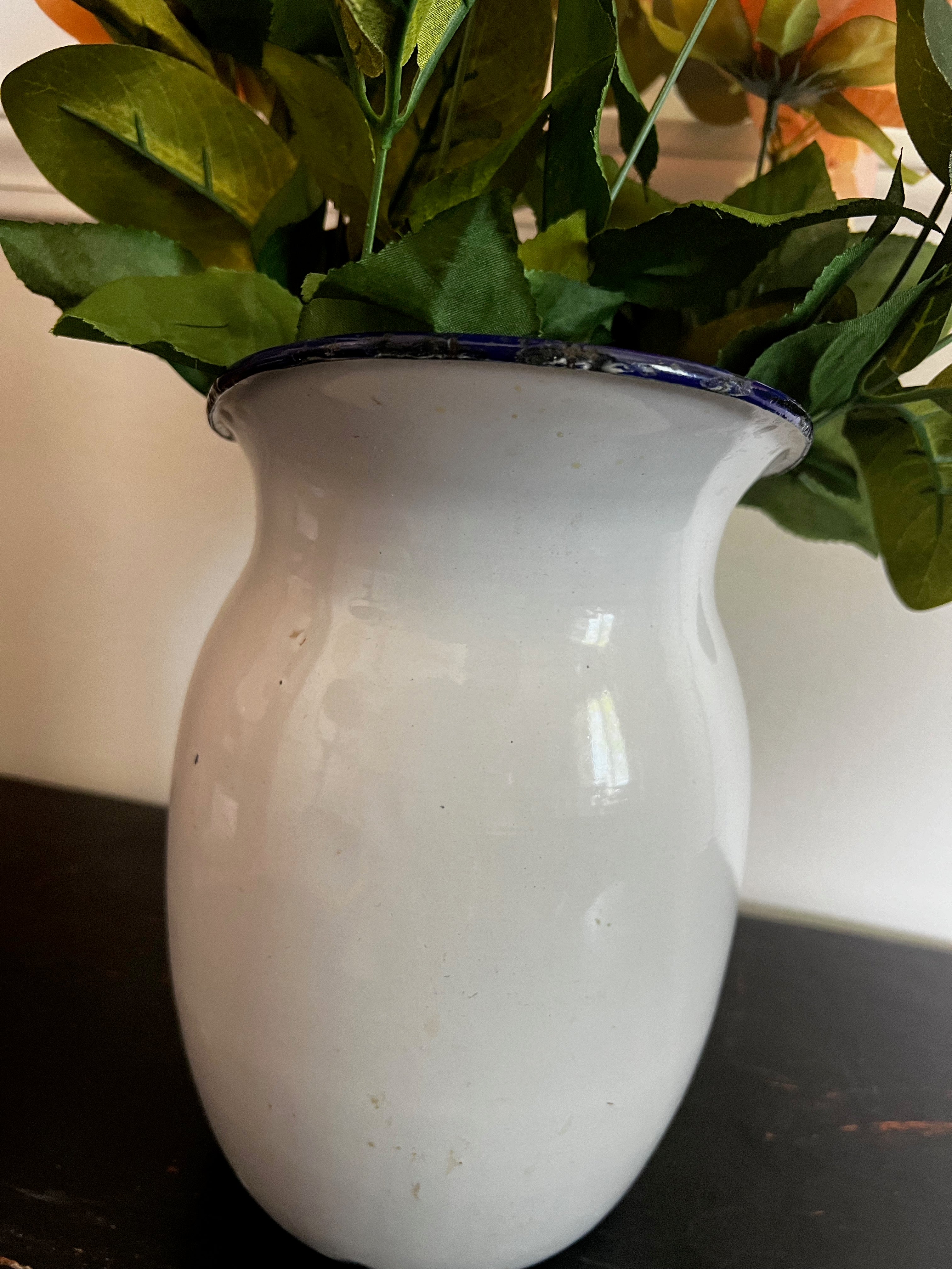 Vintage White Enamel Pitcher with Blue Trim
