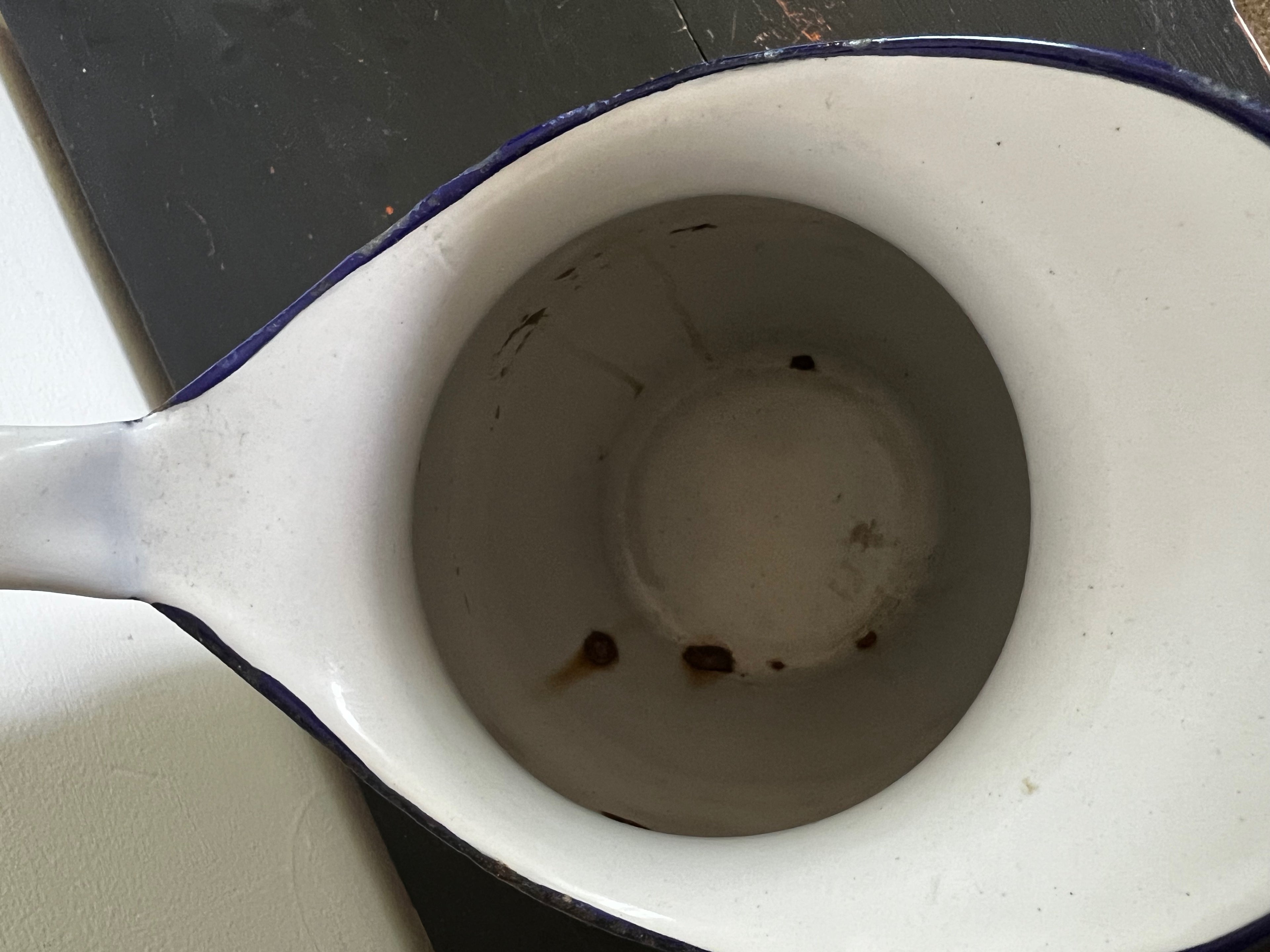 Vintage White Enamel Pitcher with Blue Trim