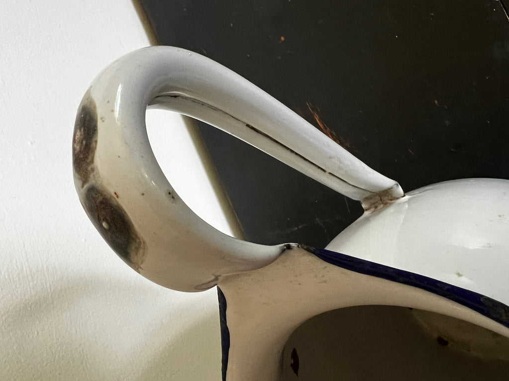 Vintage White Enamel Pitcher with Blue Trim