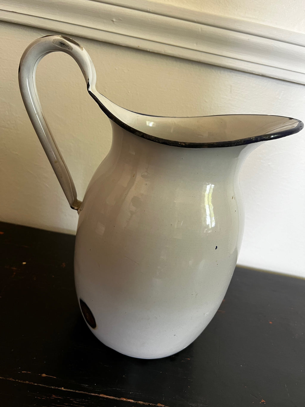 Vintage White Enamel Pitcher with Blue Trim