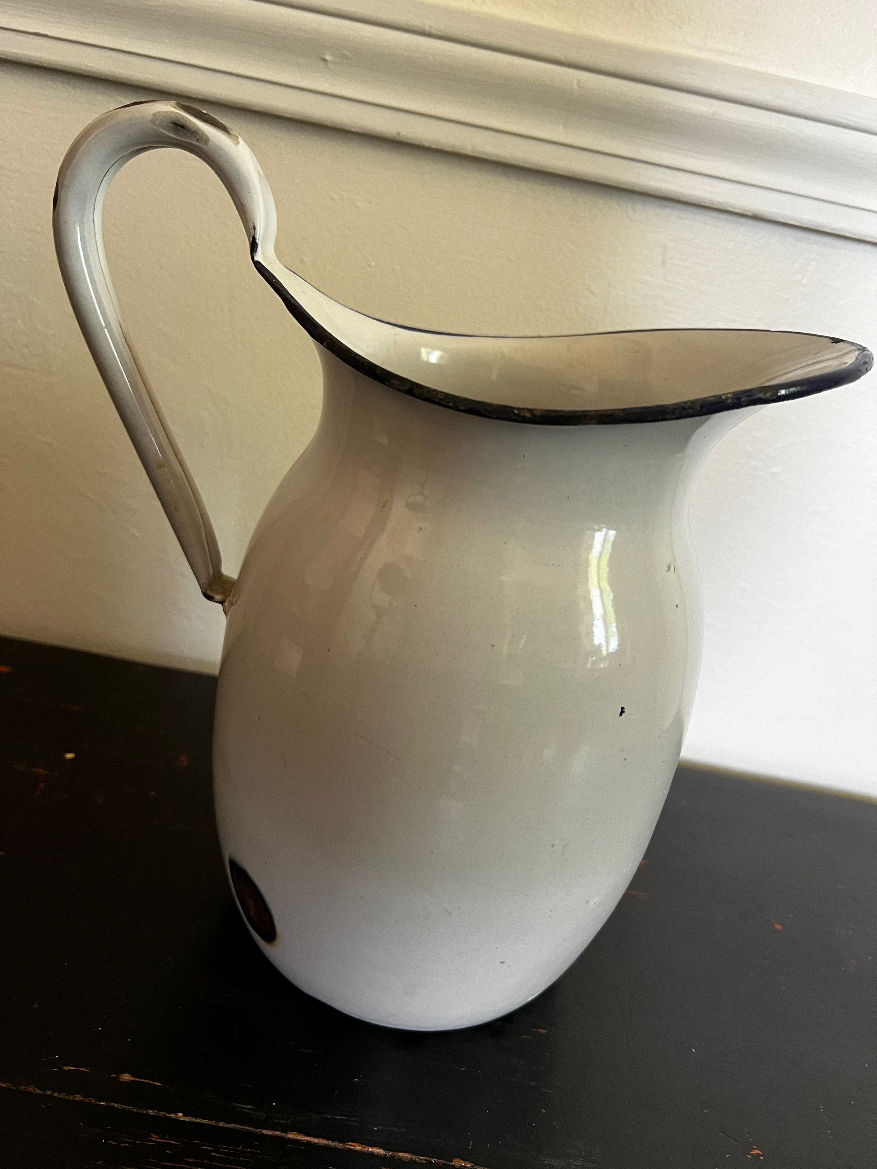 Vintage White Enamel Pitcher with Blue Trim